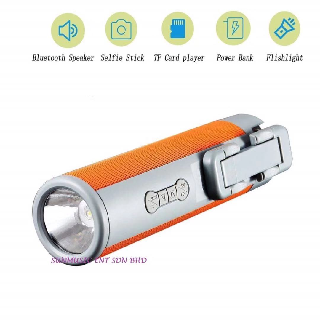 (ORANGE)5 in 1 bluetooth selfie stick with 5200mAh power bank bluetooth speaker torch